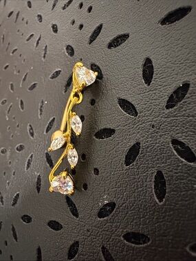 Gold Leaf Drop Belly Button Ring with Clear Crystals - Women Jewelry